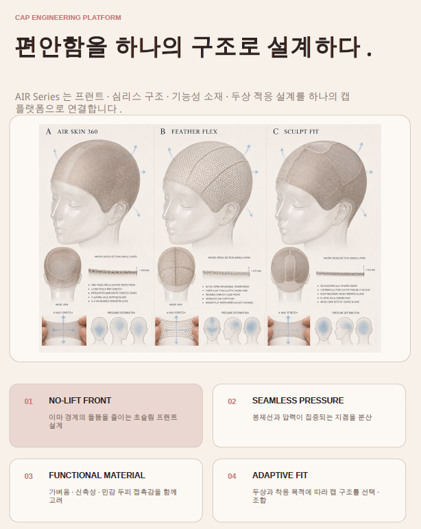 AIR SKIN 360, FEATHER FLEX, SCULPT FIT 캡 구조 비교